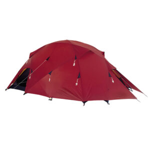 Large red multi-panel dome camping tent with full rainfly, visible toggles and guylines and a zipped entrance, shown against a white background.