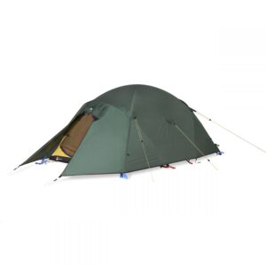 41EQU-Expedition-Quasar-2500x2500-1-e1636639940945-3.jpg Green dome-style camping tent with a partially open vestibule revealing a yellow inner tent, secured with guy lines and stakes against a white background.