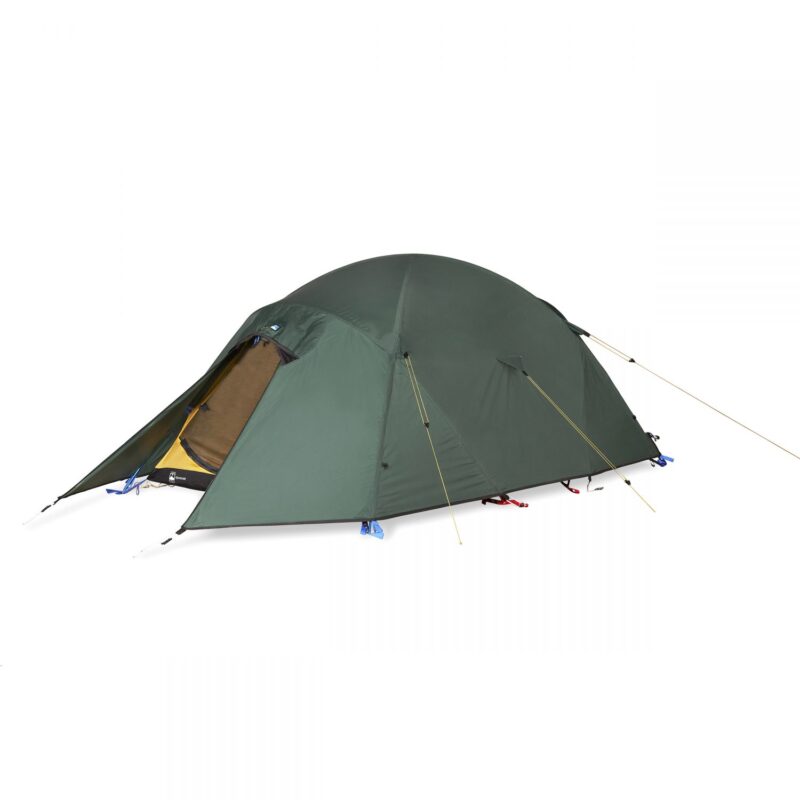 Green dome-style camping tent with a partially open vestibule revealing a yellow inner tent, secured with guy lines and stakes against a white background.