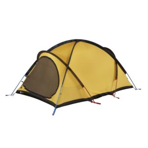 Yellow dome camping tent with black base, curved external poles and a large mesh front door, secured by blue and red guy lines