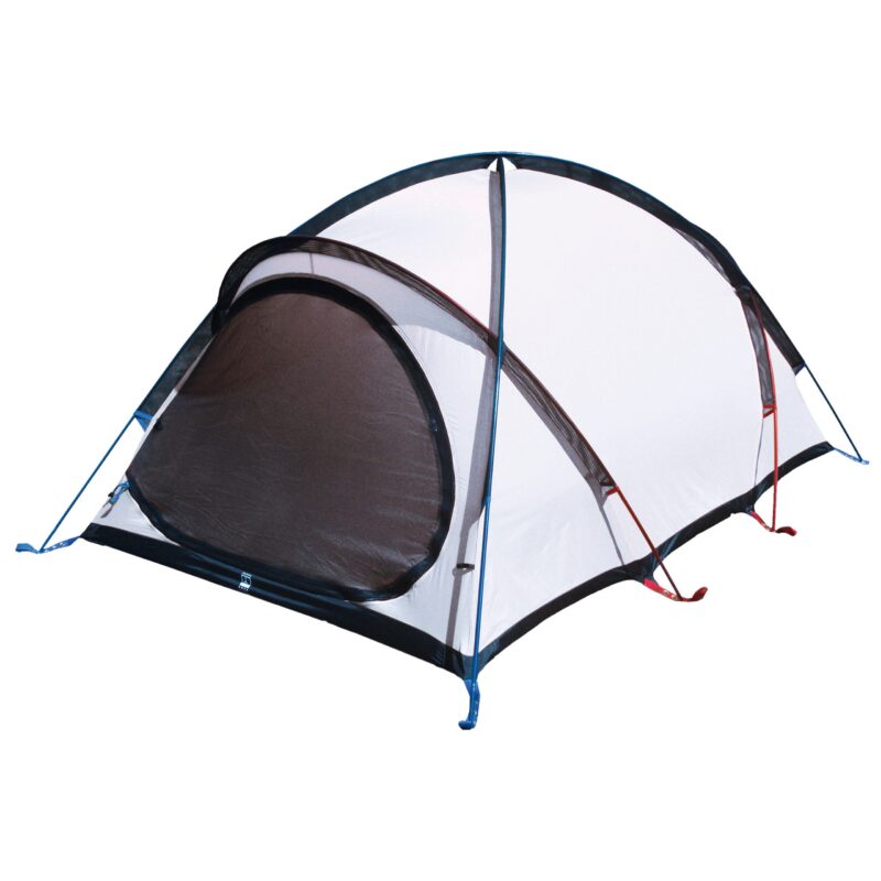 Lightweight two-person dome tent with white mesh body and a black zippered front panel, supported by blue and red curved poles and anchored by coloured guy lines on a white background.