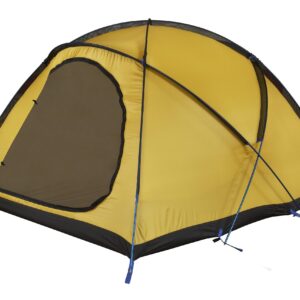 Yellow dome camping tent with a black base and blue support poles, showing a large zipped mesh door partially open and crossed external pole structure.