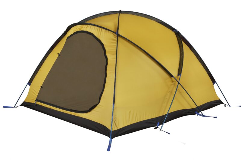 Yellow dome camping tent with a black base and blue support poles, showing a large zipped mesh door partially open and crossed external pole structure.