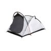 White and black two-person dome tent with crossed black and red poles, large dark mesh front door and blue pole-tip accents, photographed on a plain white background.