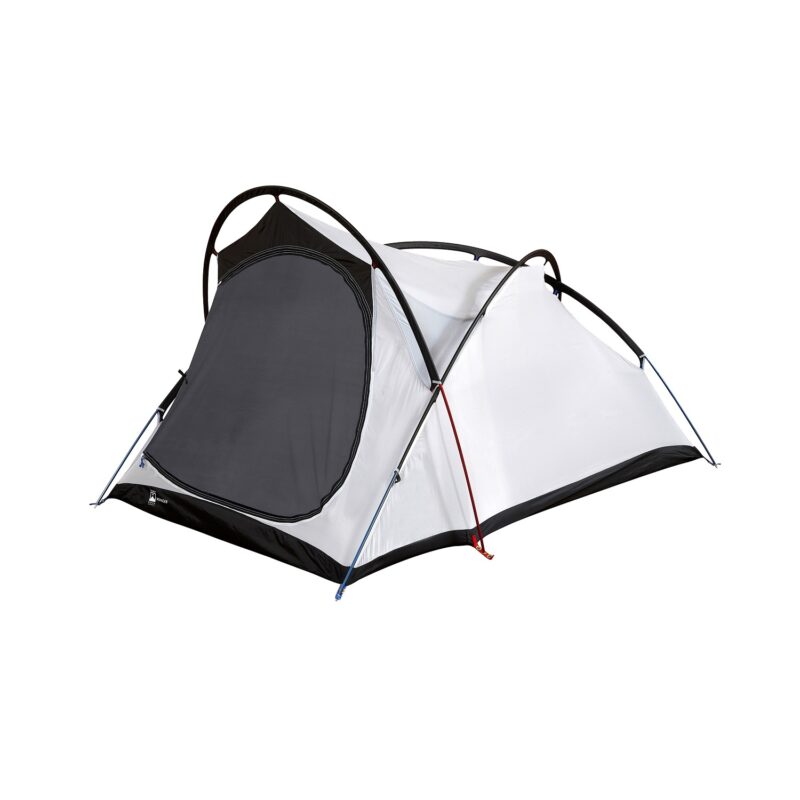 White and black two-person dome tent with crossed black and red poles, large dark mesh front door and blue pole-tip accents, photographed on a plain white background.