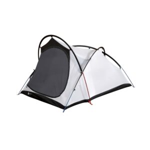 41VY-Voyager-Inner-3000x3000px-300dpi-scaled-2.jpg Two-person dome tent with white panels and a large black mesh front door supported by crossed black, red and blue poles.