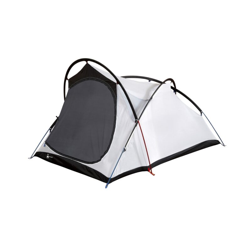 Two-person dome tent with white panels and a large black mesh front door supported by crossed black, red and blue poles.