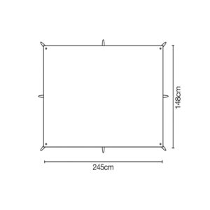 Simple line drawing of a rectangular cover with small corner and midpoint loops, annotated 245 cm across (width) and 148 cm down (height).