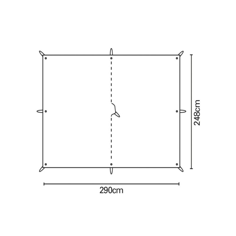 Line drawing of a rectangular tarp or canopy with attachment loops at each corner and midpoints, a central dashed vertical seam with a toggle, labelled 290 cm wide and 248 cm high