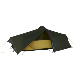 Low-profile dark green tunnel backpacking tent with a partially opened fly revealing a yellow inner sleeping compartment, arched single pole and tensioned guy lines visible against a white background