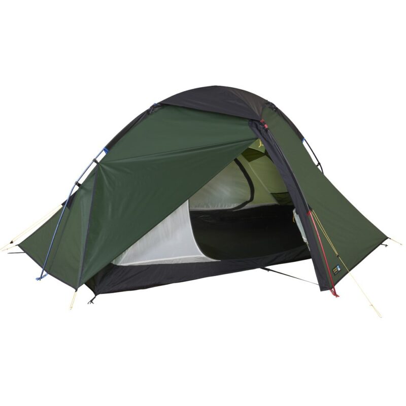 Green two-person dome camping tent with dark grey flysheet partially opened to show a mesh inner compartment and black bathtub-style floor, supported by coloured poles and yellow guy lines on a white background.