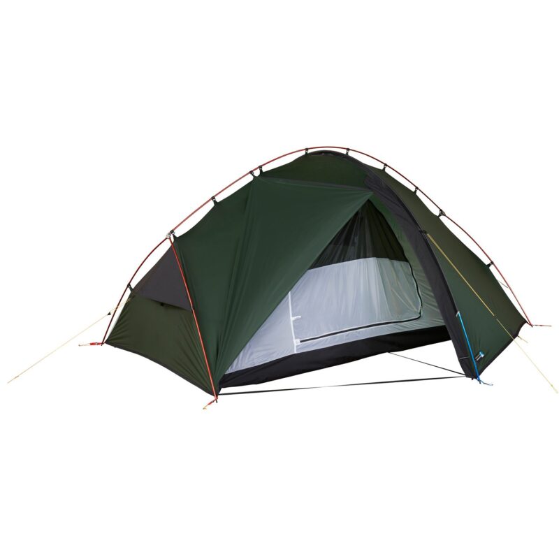 Green two-person dome tent with curved red‑orange poles and yellow guy lines, front flap partly open to reveal a white mesh inner tent and black groundsheet, isolated on a white background.