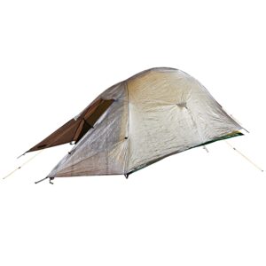 Low‑profile silvery backpacking tent with a taut rainfly and extended vestibule, supported by swept poles and yellow guy lines, showing a partially open brown inner door and a hint of green floor beneath.