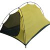 Small yellow-green backpacking tent with black external poles and an open mesh door, shown as a freestanding product shot on a white background