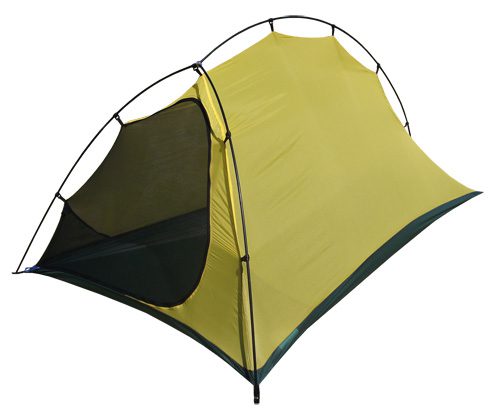 Small yellow-green backpacking tent with black external poles and an open mesh door, shown as a freestanding product shot on a white background