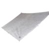 Rectangular silver camping tarp pitched at an angle and anchored by a trekking pole and guyline, showing reinforced corner tabs and a small brand label on a plain white background.