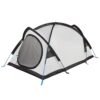 Freestanding dome camping tent with white fabric, black trim and blue poles, featuring a large circular zippered mesh door and a low black bathtub floor shown on a white background