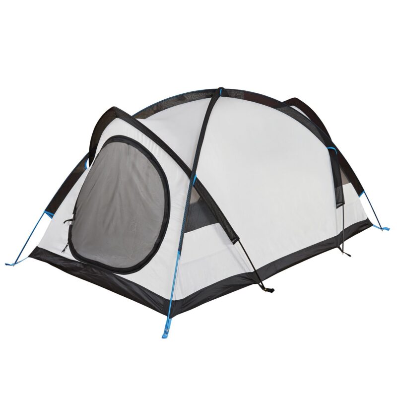 Freestanding dome camping tent with white fabric, black trim and blue poles, featuring a large circular zippered mesh door and a low black bathtub floor shown on a white background