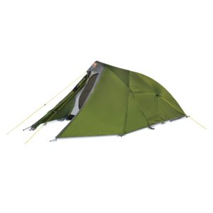 Small olive-green backpacking tent with grey trim and yellow guy lines, front vestibule partially open to reveal a mesh inner door, shown on a white studio background