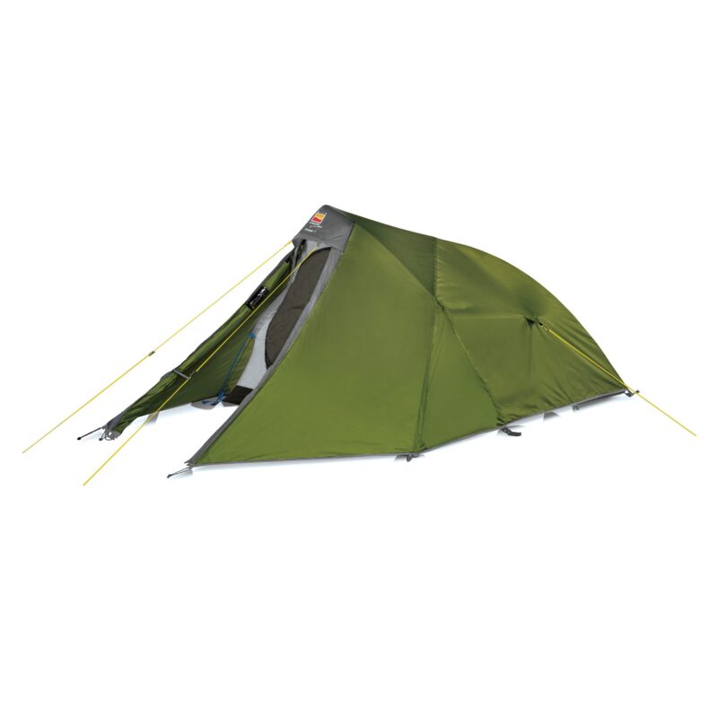 Small olive-green backpacking tent with grey trim and yellow guy lines, front vestibule partially open to reveal a mesh inner door, shown on a white studio background