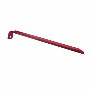 50PEGAV10-12g-V-Angle-Peg-Wild-Country-Single-1500x1500px-3.png Red anodised aluminium tent peg with a hooked top featuring a hole and a tapered chisel end, 'wild-country.co.uk' printed along the shaft, shown on a white background.