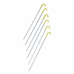 Six long silver metal tent pegs with yellow hooked plastic tops arranged diagonally on a white background.