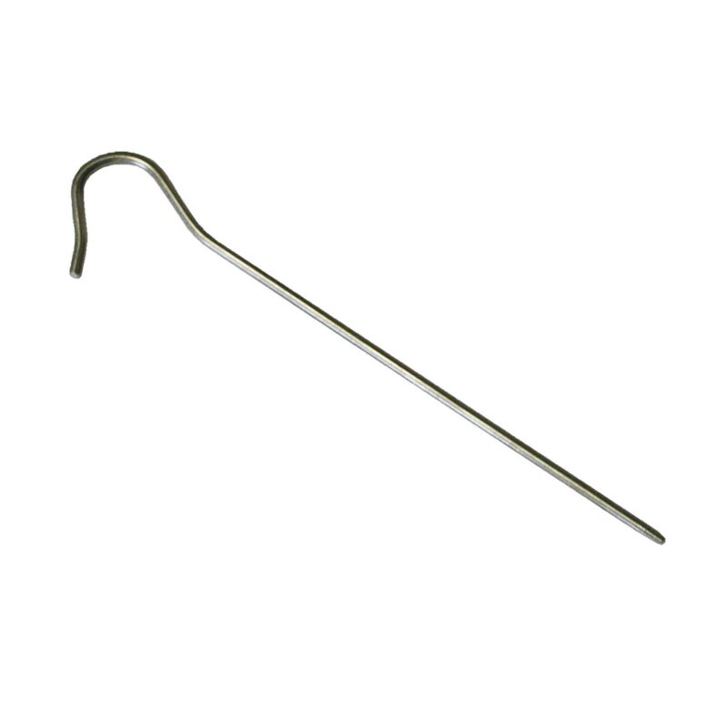 Long slender stainless-steel rod with a curved hook at one end and a straight tapered shaft, shown on a plain white background.