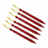 Six red aluminium tent pegs with pointed ends arranged diagonally, each imprinted with TERRA-NOVA.CO.UK and fitted with a short yellow cord loop knotted at the top.