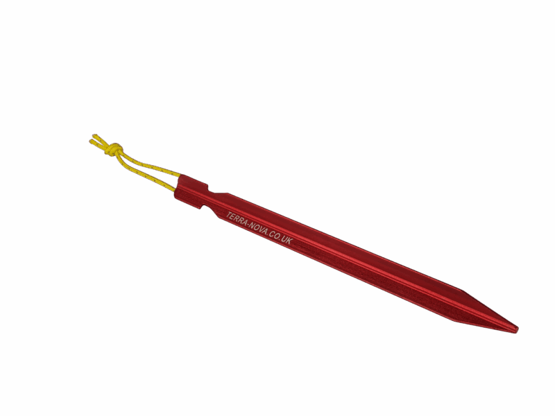 Red anodised aluminium tent peg with a pointed tip and embossed TERRA-NOVA.CO.UK logo, fitted with a short yellow cord loop and shown on a black background.