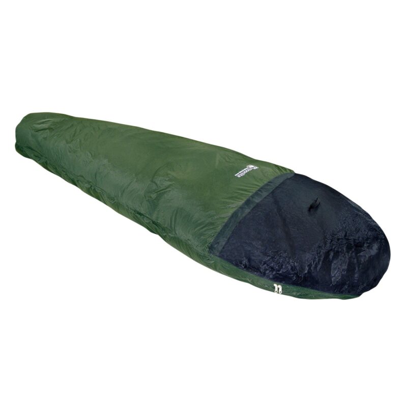 Tapered green mummy-style sleeping bag with a black inner hood and visible zip at the foot, shown fully laid out on a white background