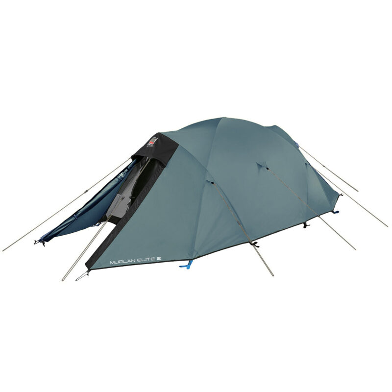 Blue-grey two-person tunnel tent with a partially open black entrance canopy, external poles and guy lines staked out and the text Murlan Elite 2 printed on the side