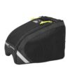 Small black under-saddle bicycle bag in textured fabric with a zippered top, neon-yellow zipper pulls, a side pocket and a reflective diagonal strip.