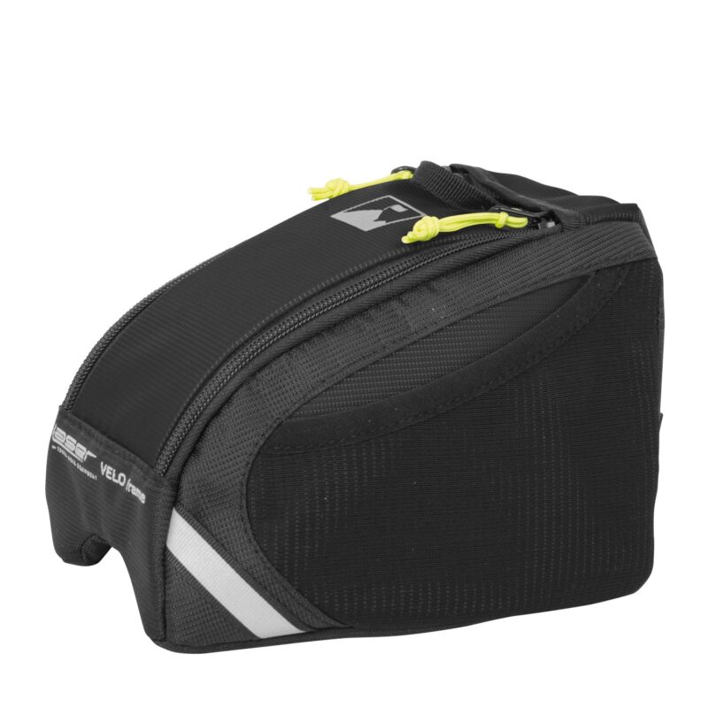 Small black under-saddle bicycle bag in textured fabric with a zippered top, neon-yellow zipper pulls, a side pocket and a reflective diagonal strip.