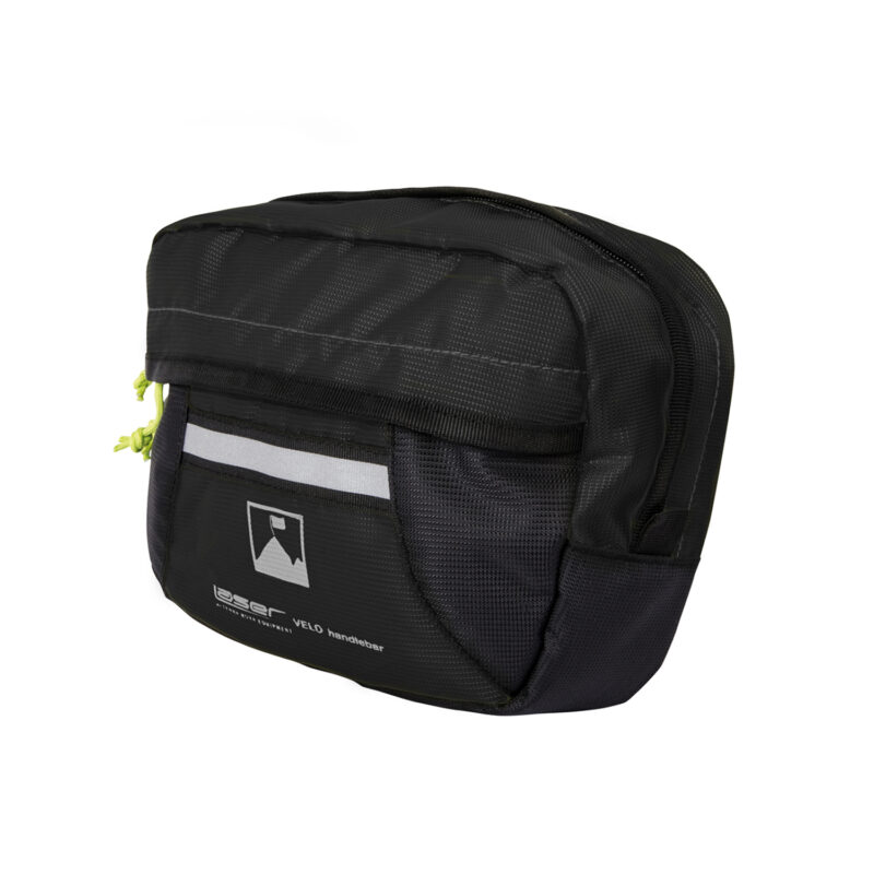 Small black rectangular bike handlebar bag made from textured ripstop fabric with a top zipper, front reflective strip and lime-green zipper pulls, shown against a white background.