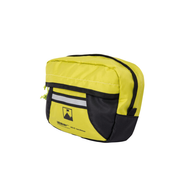 Small high-visibility yellow and black rectangular bicycle handlebar bag with a zippered main compartment, front pocket featuring a reflective horizontal stripe and a small mountain-flag logo, and dual yellow cord zipper pulls.