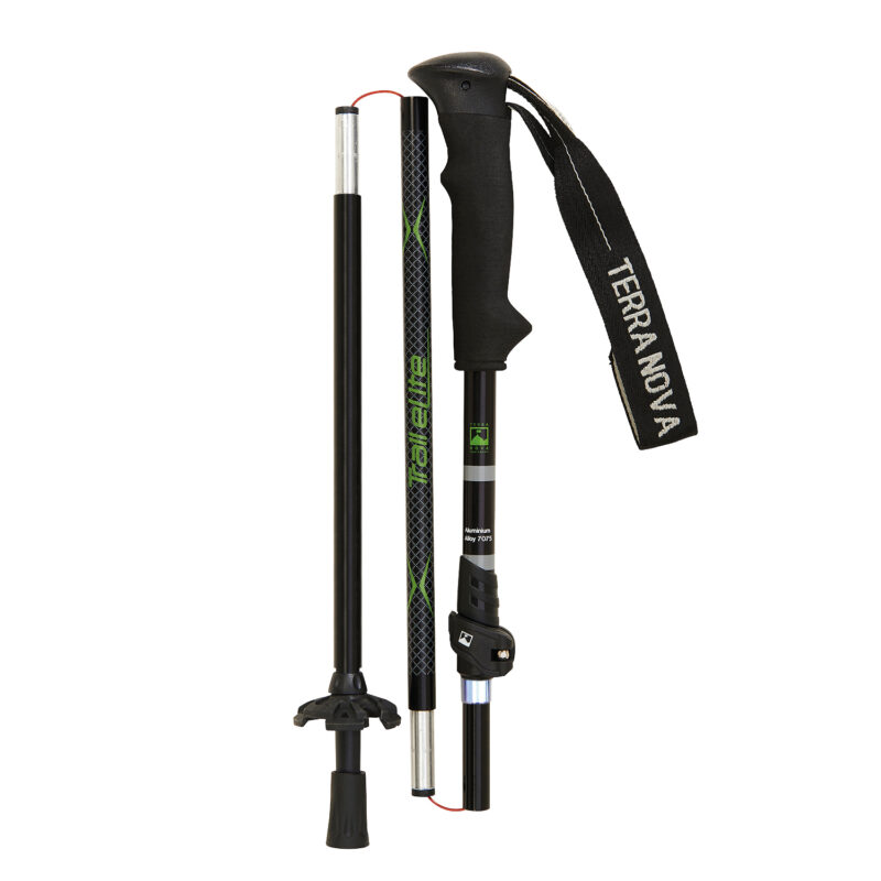 Collapsible black and green trekking pole shown in three sections with an ergonomic foam handle, wrist strap labelled TERRANOVA, adjustable locking clamp, small snow basket and rubber tip.