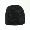 Close-up of a rounded black knit beanie with subtle white-flecked horizontal stitching, shown from the back against a plain white background.