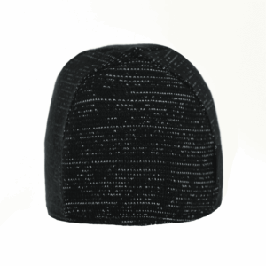 Close-up of a rounded black knit beanie with subtle white-flecked horizontal stitching, shown from the back against a plain white background.