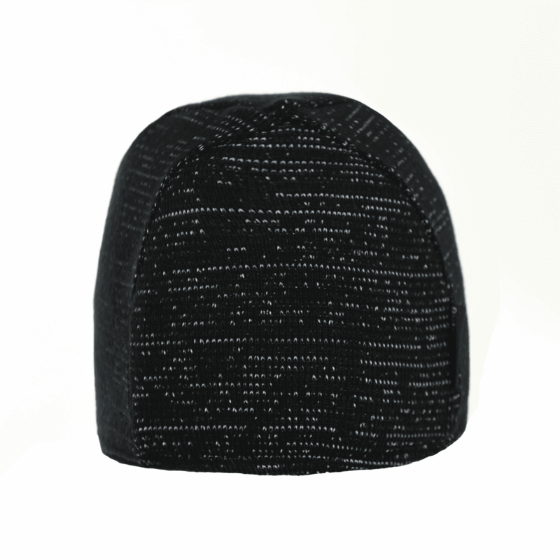Close-up of a rounded black knit beanie with subtle white-flecked horizontal stitching, shown from the back against a plain white background.