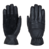 Two black leather gloves laid flat side-by-side on a white background — left glove palm-up with a suede palm panel, right glove back-up showing horizontal padded stitching and an elasticated wrist.