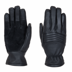 Two black leather gloves laid flat side-by-side on a white background — left glove palm-up with a suede palm panel, right glove back-up showing horizontal padded stitching and an elasticated wrist.