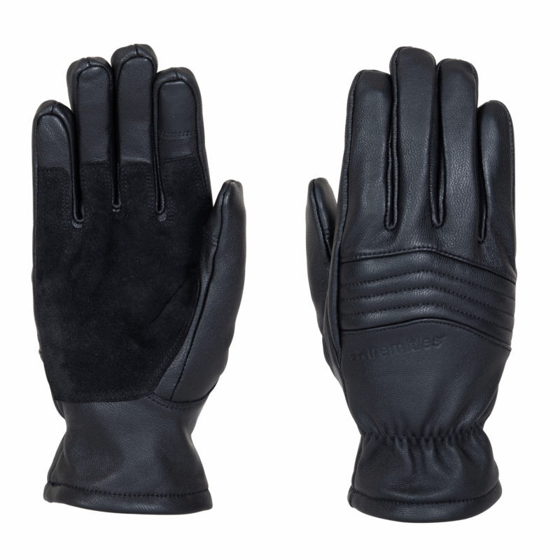 Two black leather gloves laid flat side-by-side on a white background — left glove palm-up with a suede palm panel, right glove back-up showing horizontal padded stitching and an elasticated wrist.