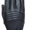 Close-up of a black leather glove top with padded horizontal ribbed stitching across the knuckles and faint embossed branding, shown on a white background.