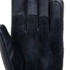 Close-up of a black glove showing a suede palm with leather-trimmed fingers and thumb and visible stitching.