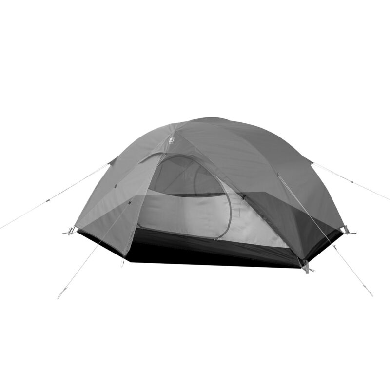 Grey freestanding dome camping tent with rainfly and an open front zip revealing a mesh inner door and black bathtub-style floor, shown staked with guylines.