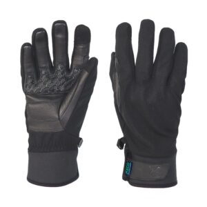 Pair of black gloves laid flat, one showing a reinforced leather palm with textured zigzag grip and the other showing the stretch fabric back, long cuffs and small brand tag.