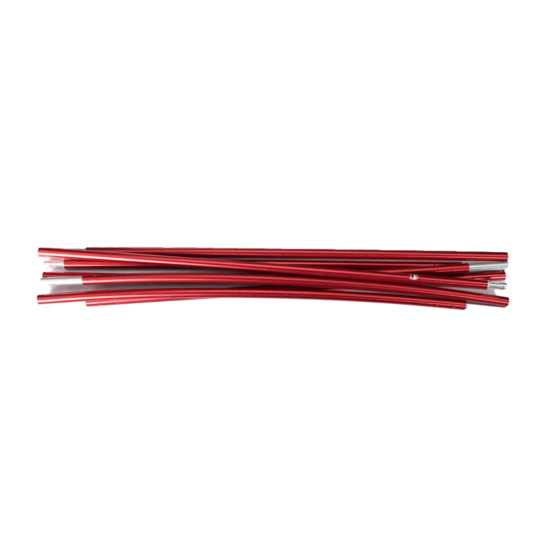 Loose bundle of thin red metallic tubes with silver connector ends laid horizontally on a white background.