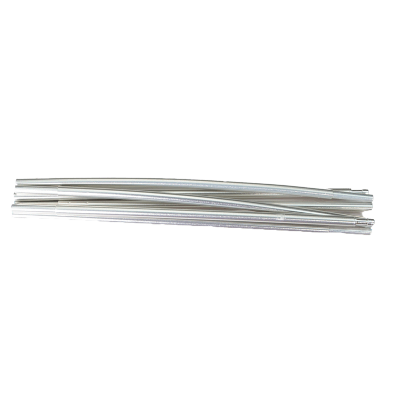 A bundle of silver metal tent poles laid parallel on a white background, showing segmented tubes and interlocking ferrule ends.