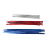 Three horizontal bundles of metal tent poles on a white background — short silver poles at the top, medium red poles in the middle and longer blue poles at the bottom, each showing metal end connectors.