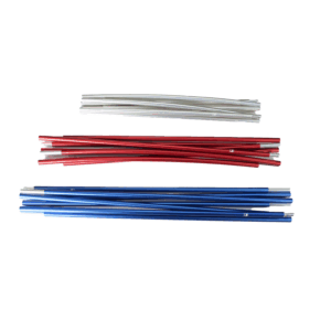 Three horizontal bundles of metal tent poles on a white background — short silver poles at the top, medium red poles in the middle and longer blue poles at the bottom, each showing metal end connectors.